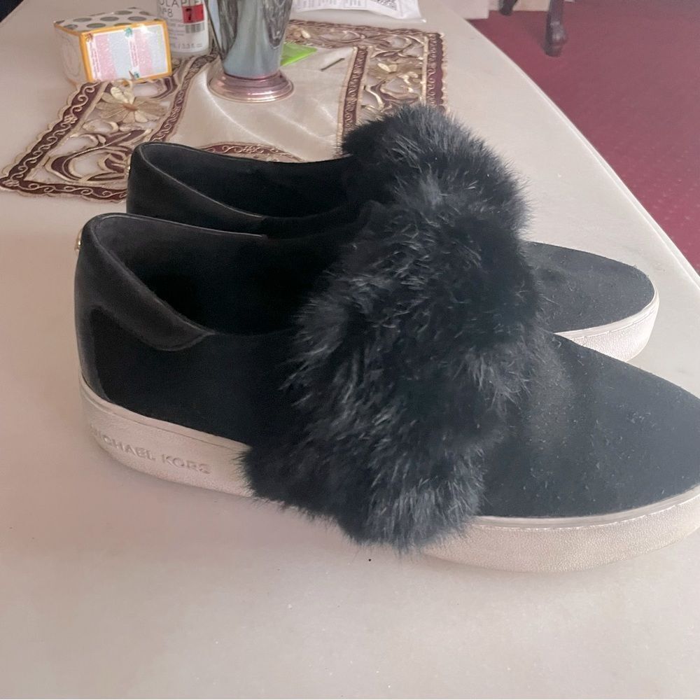 Michael Kors Black Suede Fur Maven Leather Rabbit Fur Sneakers Size 9